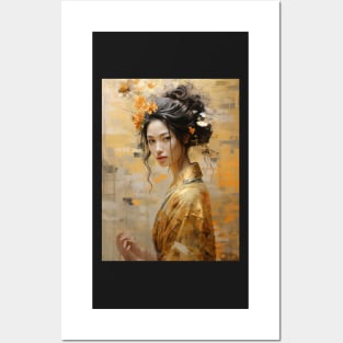 Japanese Girl in Gold Kimono With Flowers in Her Hair Posters and Art